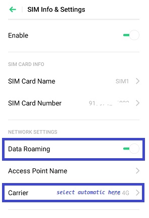 jio international roaming android settings