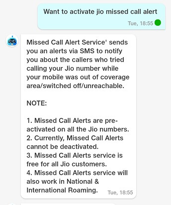 jio missed call alert