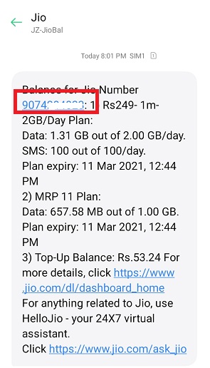 identify jio number Via message