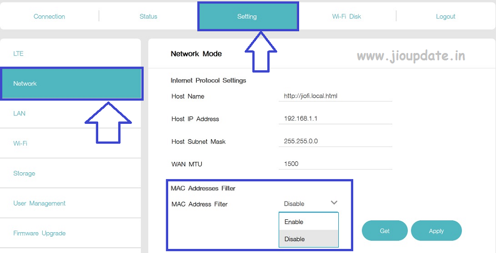 mac address filter on JioFi router
