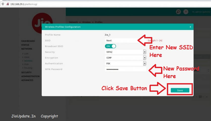 change jiofi ssid username and password