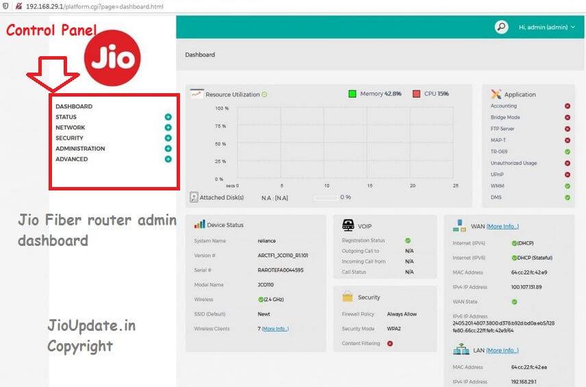 JIo fiber router admin dashboard