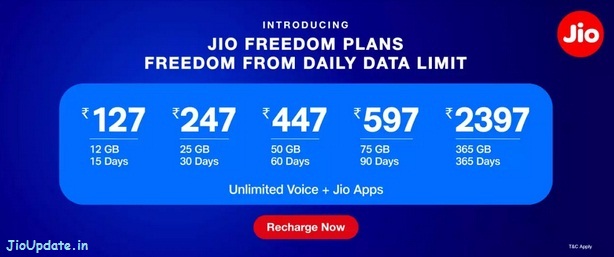 New Jio freedom plans 2021 no daily limit