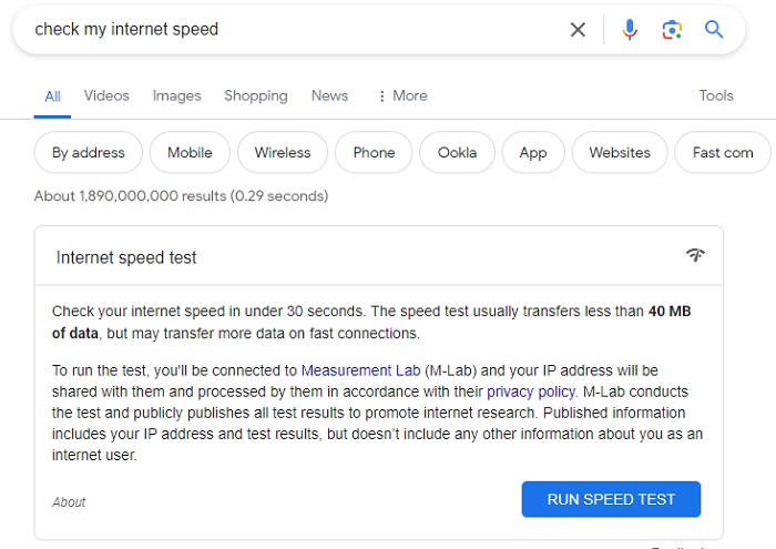 Run internet speed test