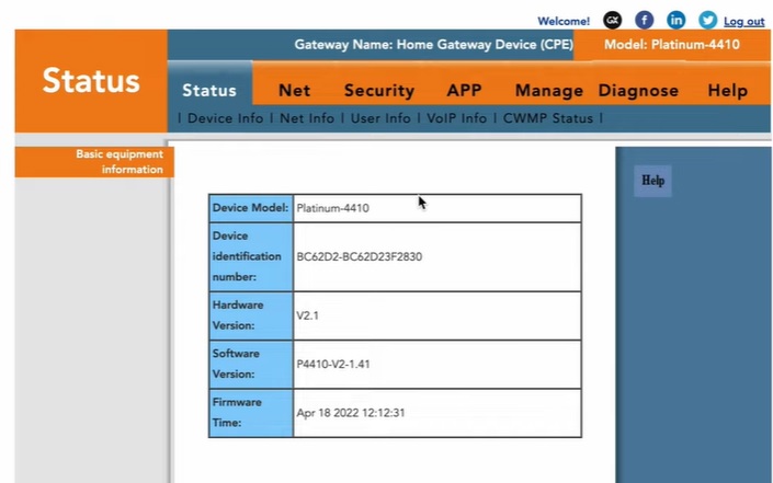 Kerala vision WiFi router dashboard