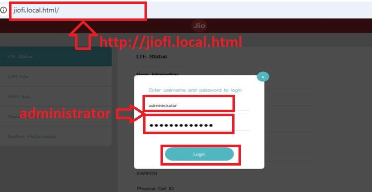 login jiofi admin with default username and password